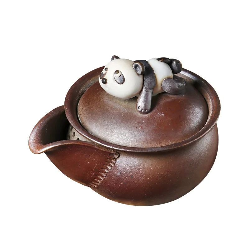 Triple Fired Panda Vase Pot, Coarse Pottery Hand Held Japanese Wabi Sabi Wind Covered Bowl, Handmade Teapot