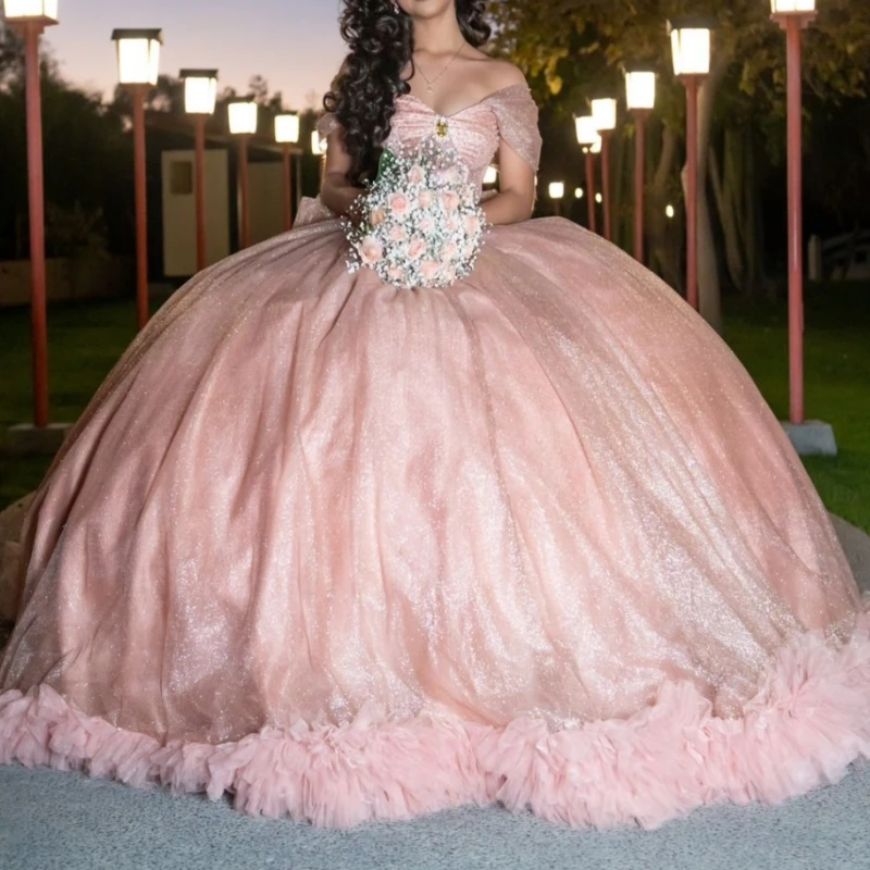 

Rose Red Shiny Quinceanera Dresses Off The Shoulder Beading Crystal Bow Tull Corset Party Birthday Sweet 16 Dress Vestidos 15 De