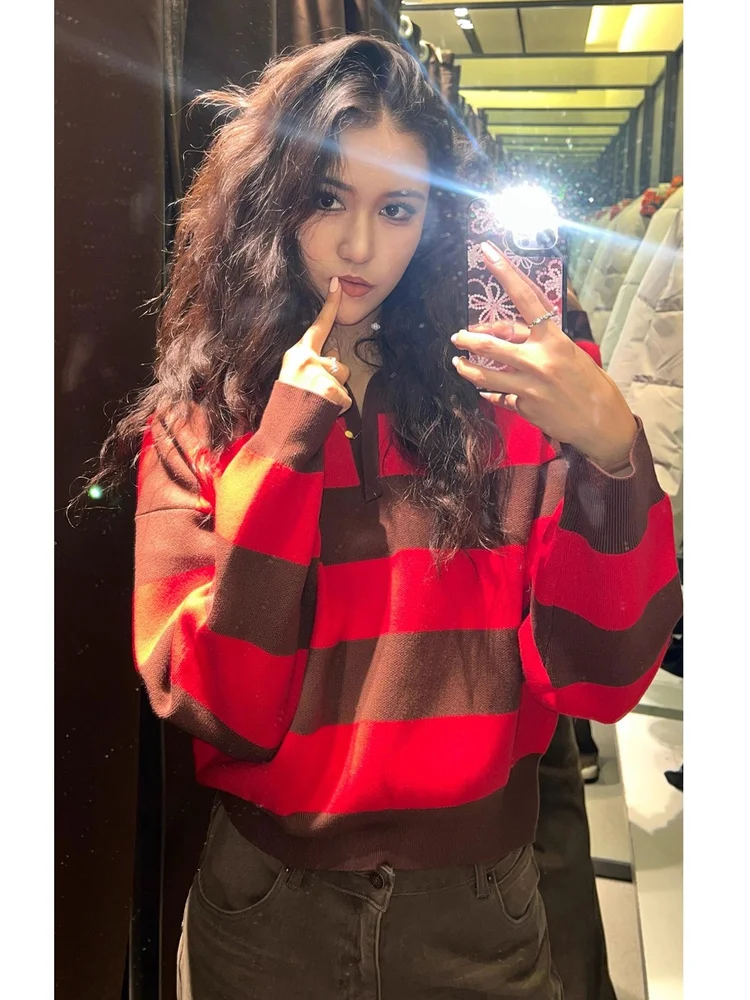 

Женский вязаный свитер Sweet Preppy Sle, свободный полосатый свитер, Новое поступление, повседневный удобный длинный топ из полиэстера