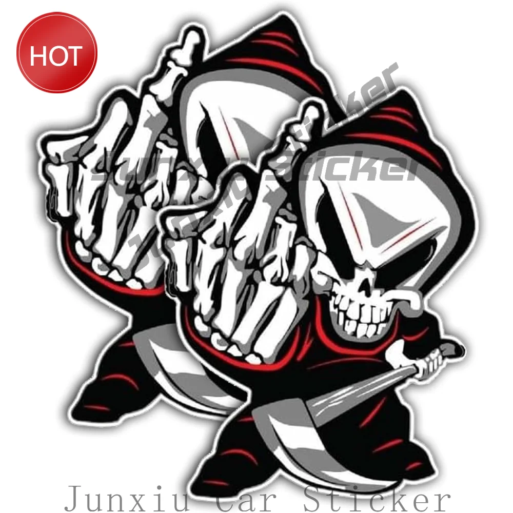 2 Pack Edgy Grim Reaper Showing Middle Finger PVC Sticker For Bumper And Travel Case Vehicle Styling Accessories Decal