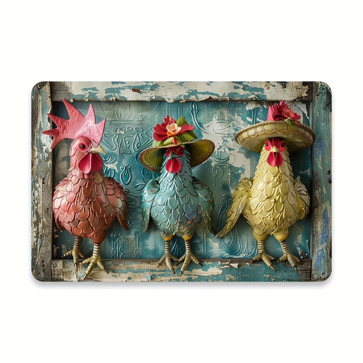 Rustic Farmhouse Vintage Metal Chicken Tin Sign, Decorative Wall Art for Home and Garage, Indoor Outdoor Hanging Decor