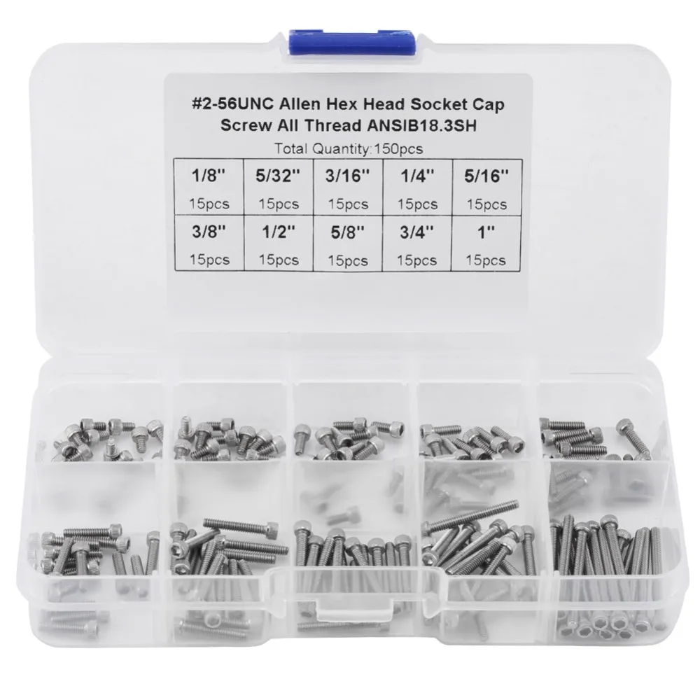 150pcs #2-56 UNC Thread Socket Head Cap Screws Stainless Steel Plastic Box Package Pan Head Screws 9 Sizes Assortment
