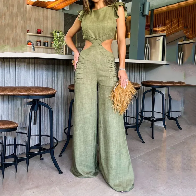 Jumpsuit Women Ruffles Sleeveless Hollow Out Summer Overalls Elegant Long Bodysuit O-neck Elegant Tube Sexy Casual Playsuit