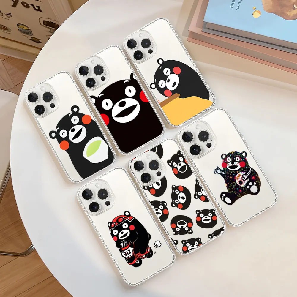 Cute Kumamon Bear Phone Case for iPhone 11 12 13 14 15 16 Max Pro Plus Transparent Soft Shell