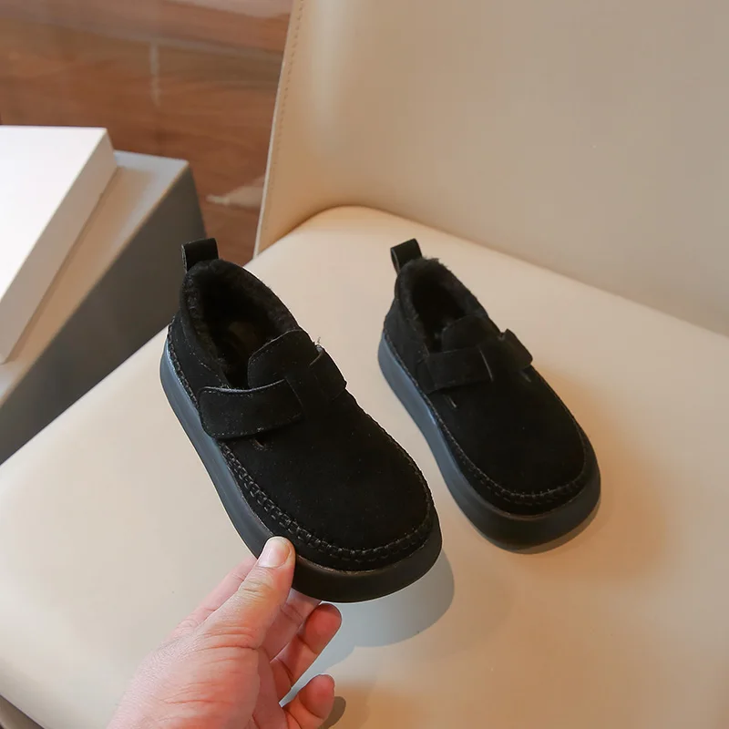 Preto/marrom crianças sapatos de algodão com deslizamento na sola macia resistente ao desgaste 2024 novo inverno camurça quente e casual versátil sapatos de algodão