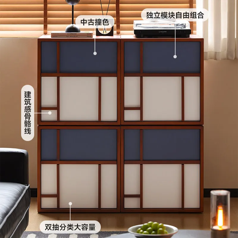 Solid wood bucket cabinet Bauhaus module color matching card door cabinet, antique combination cabinet in living room, TV