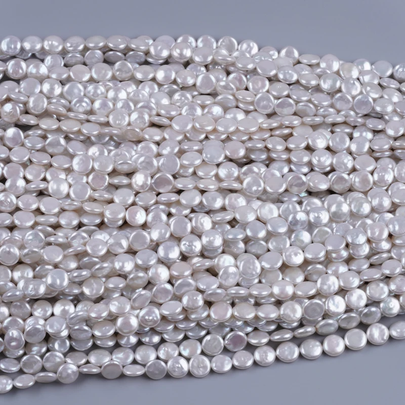 11-12mm AAA natural white real loose freshwater coin baroque pearl beads strand