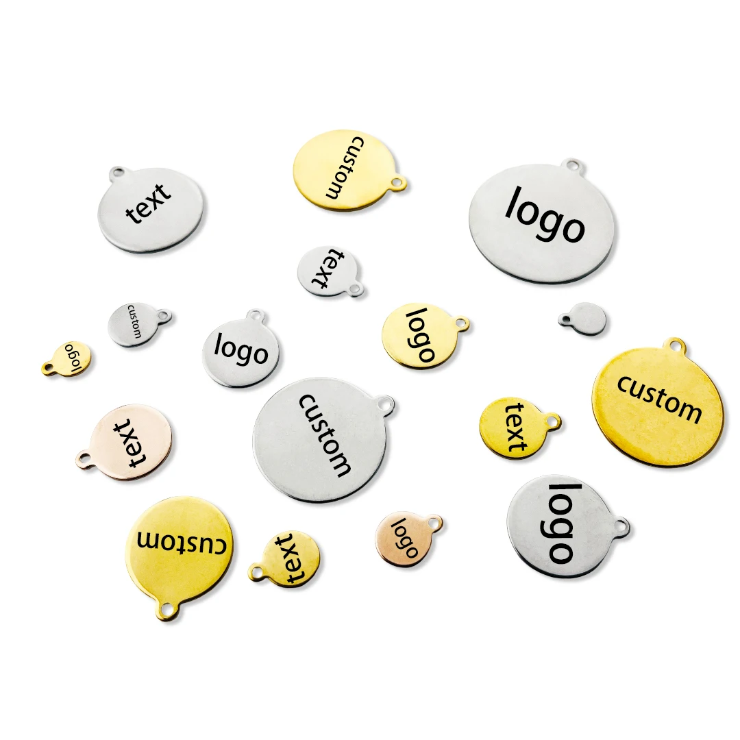 

20/50 шт., бирки с лазерной гравировкой и логотипом, 6-25 мм, подвеска из нержавеющей стали с отверстием, персонализированная удлиненная цепочка, хвостовая бирка, ювелирные изделия