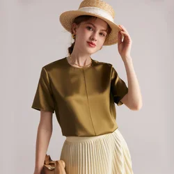 Heavy Short-sleeved Silk T-shirt Women's 2025 Summer Satin Solid Color Round Neck 22 Mmi Plain Crepe Satin 100% Mulberry Silk