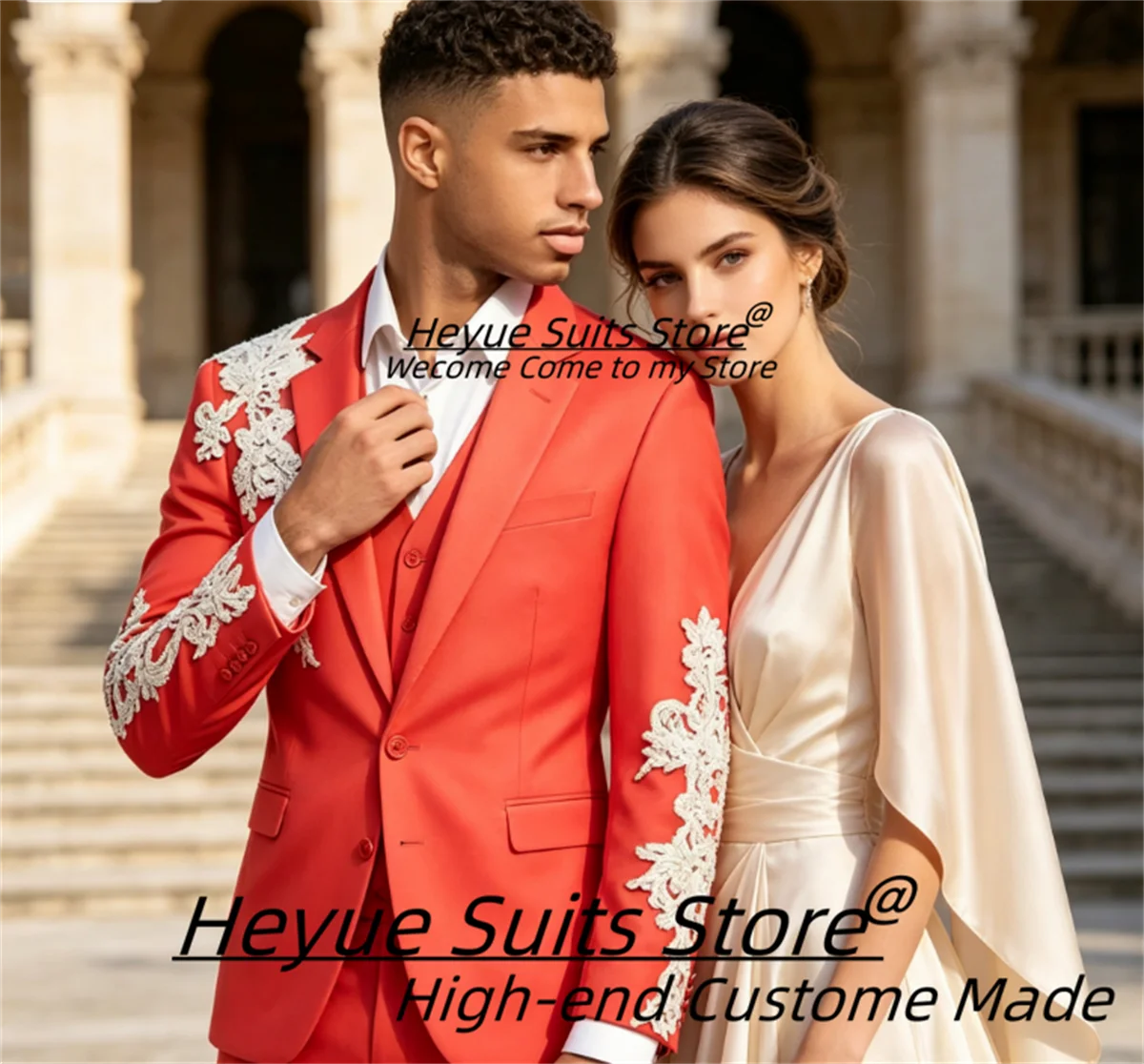 Formal Red Men Suits Customized White Floral Lace Embroidery Peak Lapel Groom Wedding Tuxedos 3 Pieces Sets Male Prom Blazers