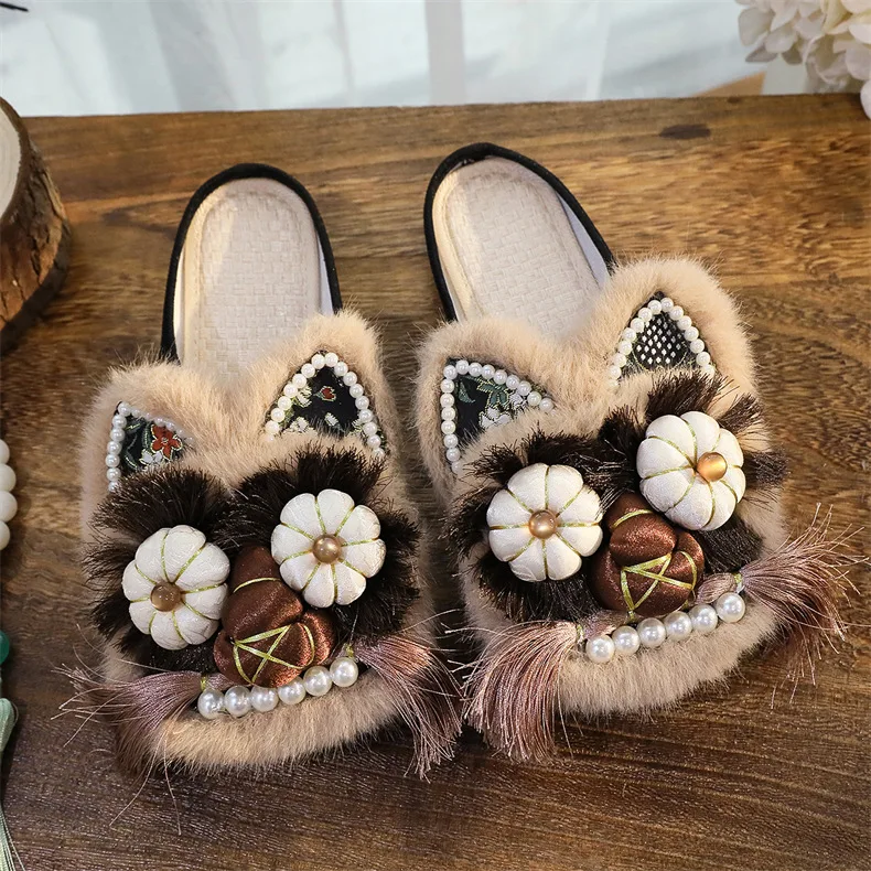 

Handmade Ethnic Style Tiger Head Shoes Flat Head Women's Slippers Retro Old Beijing Cloth Shoe Hanfu Embroidered Sandals Summer