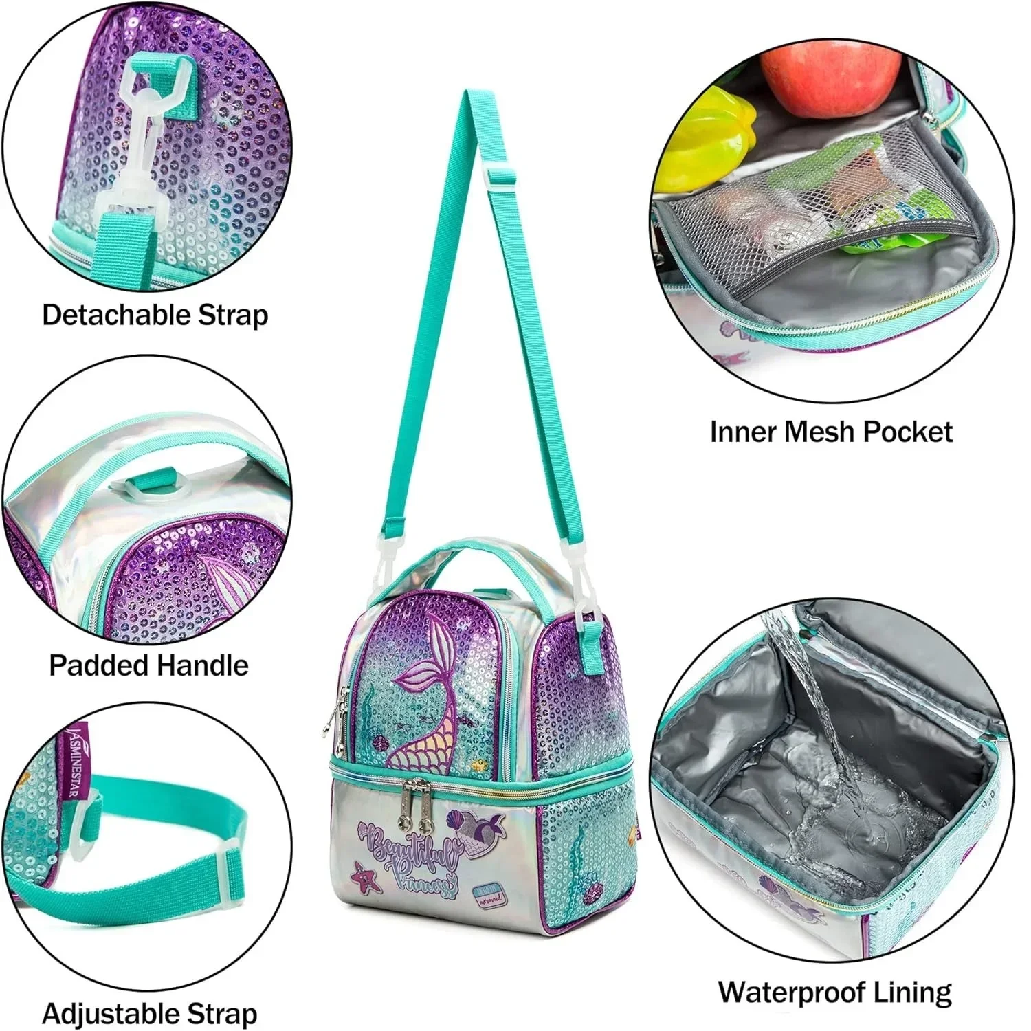 School Lunch Bag for Boys Insulated Bag with Adjustable Strap High Capacity Lunchbox School Child Girl Mermaid Sequins Bento Bag