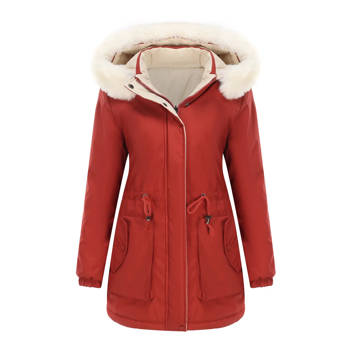 2024 Women Winter Jacket Two Sided Warm Cotton Jacket Detachable Cap Long Sleeved Zipper Thick Cotton Jacket Fur Collar Parkas