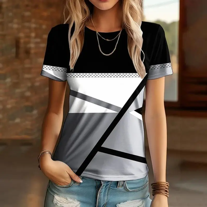 New high-quality women's diagonal 3D printed T-shirt,Harajuku street casual T-shirt,womens round neck T-shirt,2026 summer outfit