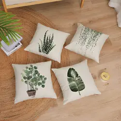 Green Plant Decorative Throw Pillowcase Linen Square Pillowcase Outdoor Sofa Home Bed Decoration Cushion Cover 50x50cm