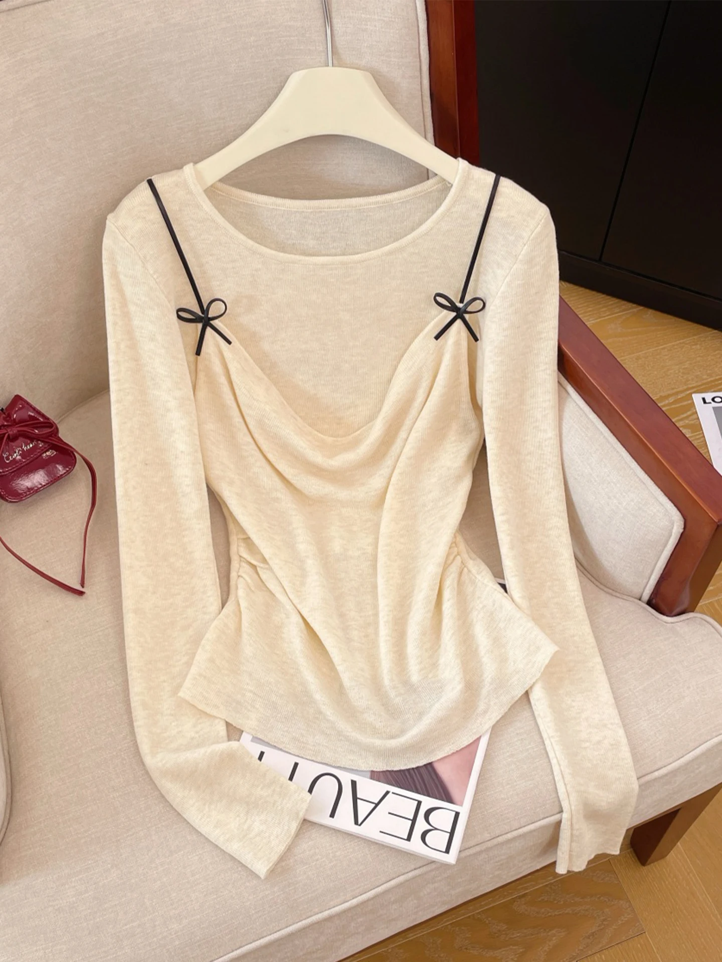

Sweet Sle Knot Knitted Top Women's Spring New Thin Long Sve Waist Cinched Inner Wear T-irt Soft Knitted Fabric