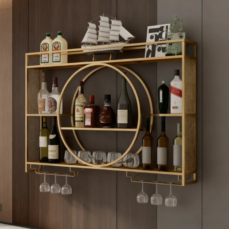 Portabottiglie da parete Armadietto da bar in metallo nero con supporto in vetro Mini ripiano per bottiglie di vino Decorazione della cucina di casa