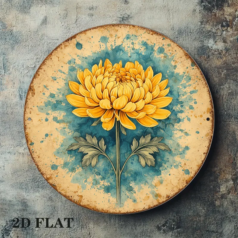 2D Flat - 1pc 8*8In/20X20Cm 2D Flat Round Sign, Vintage Plaque about Chrysanthemums, Autumn Floral Decorative Sign, Suitable for