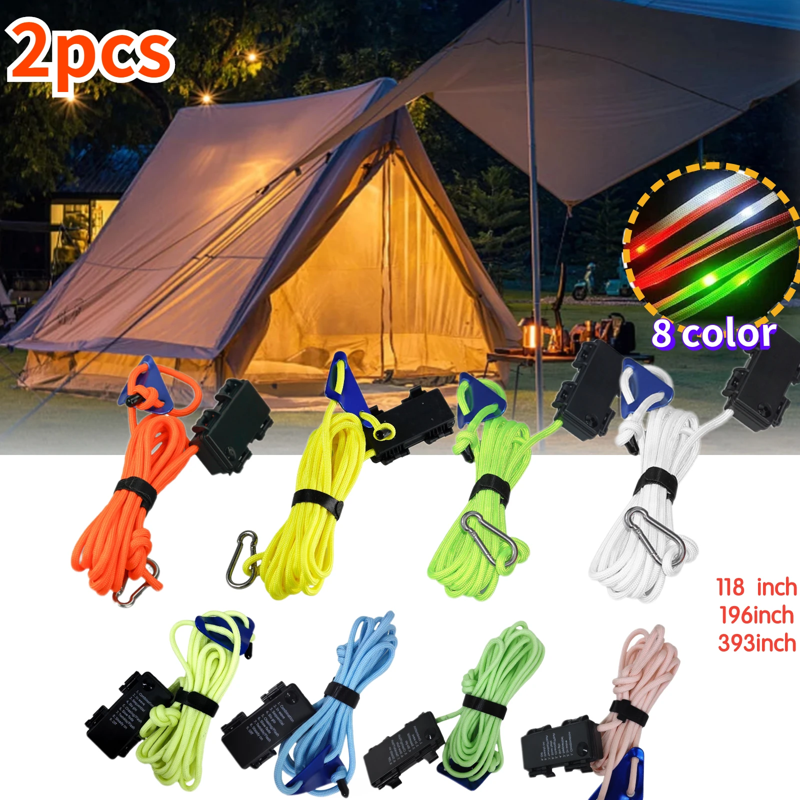 

118 Inch/196inch/393inch LED Camping Wind Rope Luminous Lamp Awning Roof Anti-Trip Night Warning Atmosphere Light Rope Light