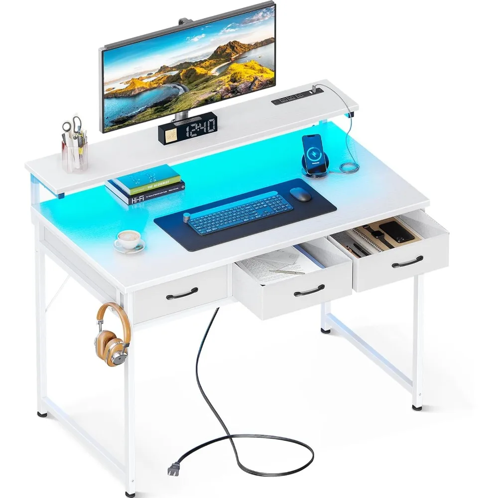 

40 Inch Small Computer Desk with 3 Drawers and USB Power Outlets, Home Office Desks with LED Lights and Adjustable Monitor Stand