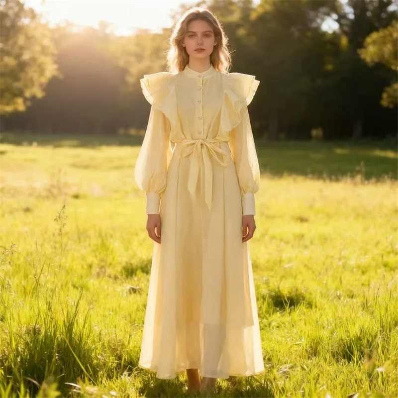 

Женское бледно-желтое платье макси с воротником-стойкой, рюшами, пышными рукавами и завязками на талии, элегантное платье для гостей на свадьбу