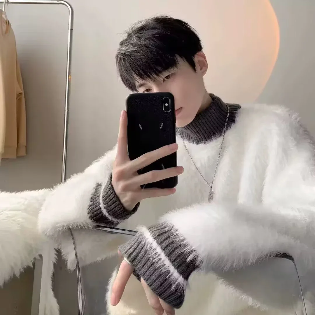 

Half Turtleneck Striped Sweater Men's Autumn Winter Thick American Knitted Trendy Brand Loose Imitation Mink Coat