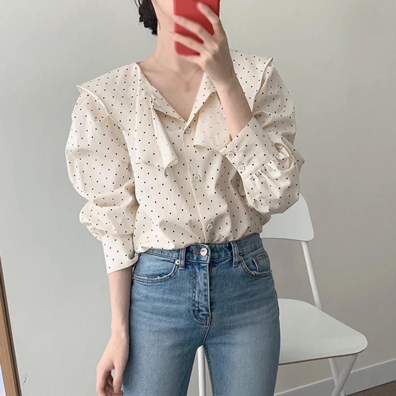 Women's Puff Long Sleeves Dot Printing Casual Shirt V Neck Casual Versatile Loose Sweet Blouse Tops Korean Version