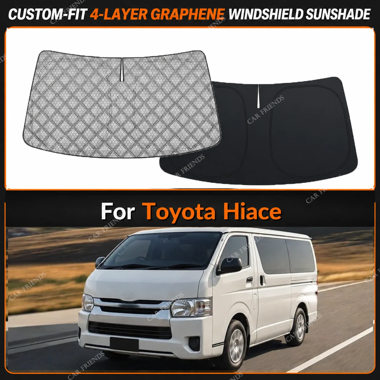 For Toyota Hiace Custom-Fit 4-Layer Graphene Windshield Sunshade Reflective Gray-Silver Surface Helps Reduce Direct Sunlight