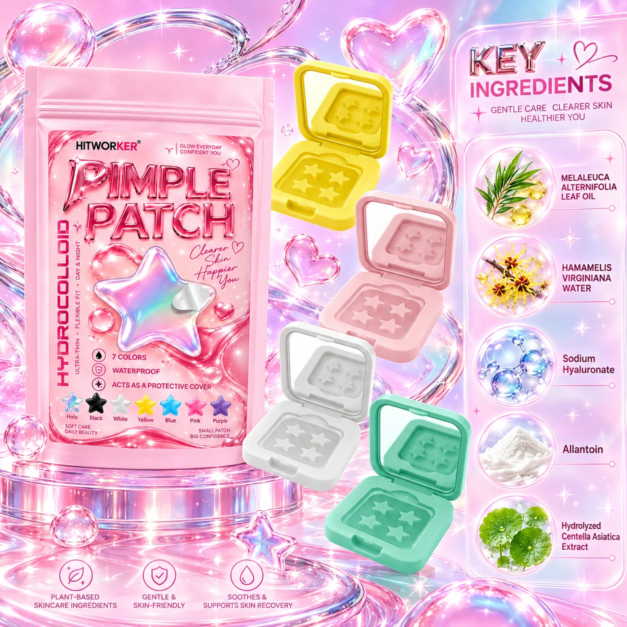 Cute Star Pimple Patch Set with Built-In Mirror Case 7 Colors Hydrocolloid Face Patches Portable Travel Beauty Kit