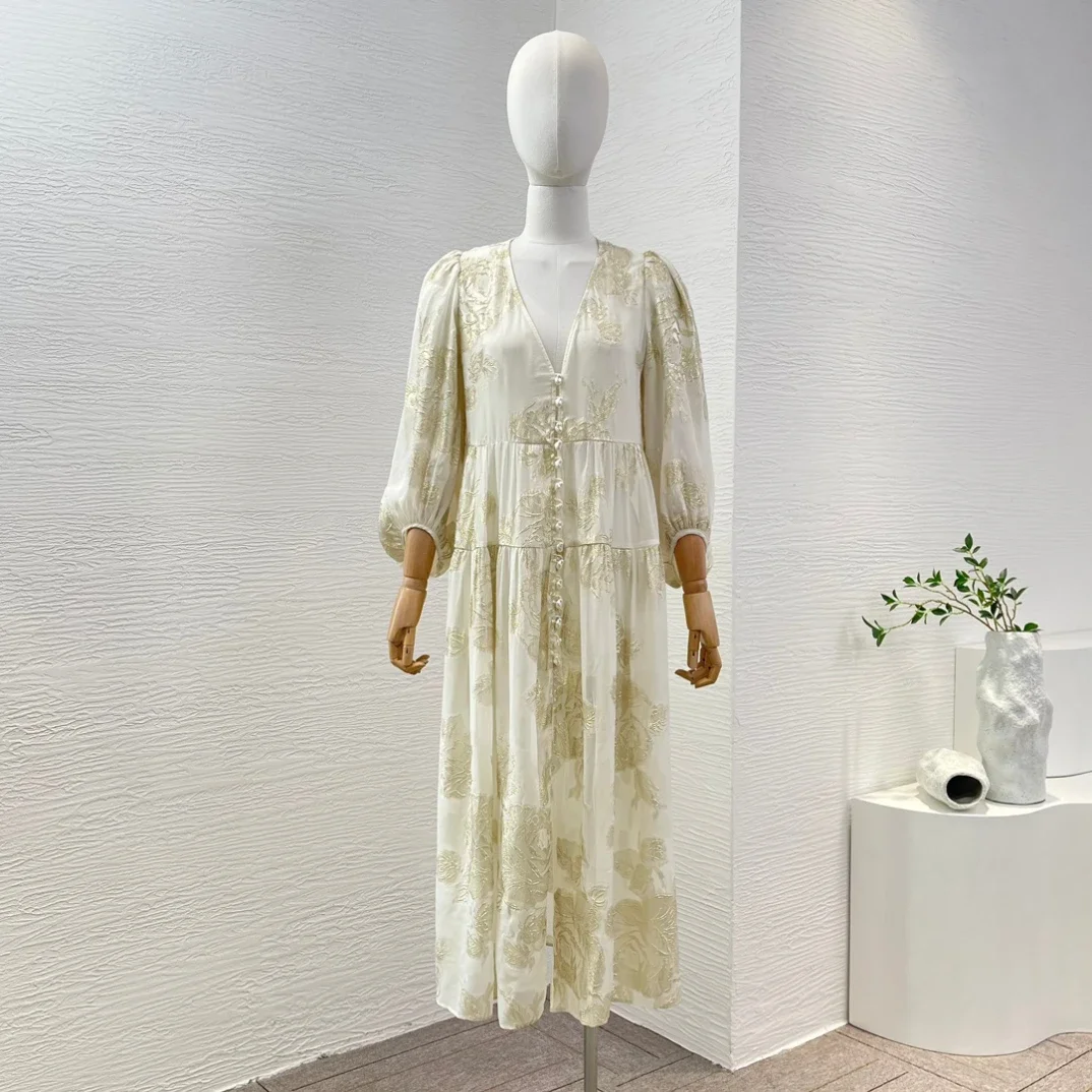 2024 New Vintage Beige Floral Leaf High Quality Simple Style Long Sleeve V Neck Midi Dress for Women