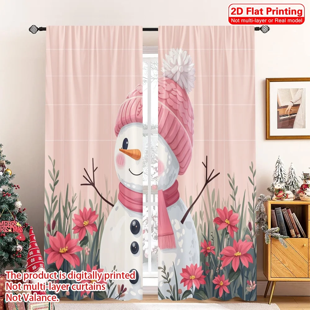 

2pcs 2D flat printing Merry Christmas Popular Window Curtains Snowman Wearing Scarf Wreath 100% Polyester Fabric Without