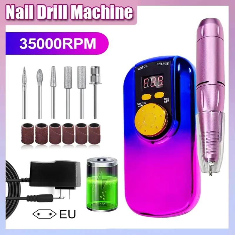 

Портативная электрическая дрель для ногтей, 35000 об/мин, ЖК-дисплей, перезаряжаемый для акрилового геля, профессиональный маникюрный портативный инструмент