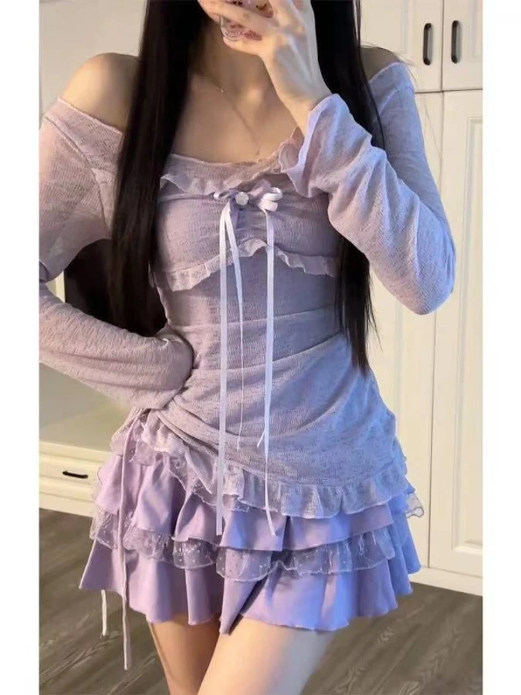 جديد إمرأة عيد ميلاد الهذيان الكورية موضة Gyaru Y2k Coquette وتتسابق 2 قطعة مجموعة وهمية قطعتين علوية + تنانير كشكش صغيرة أنيقة