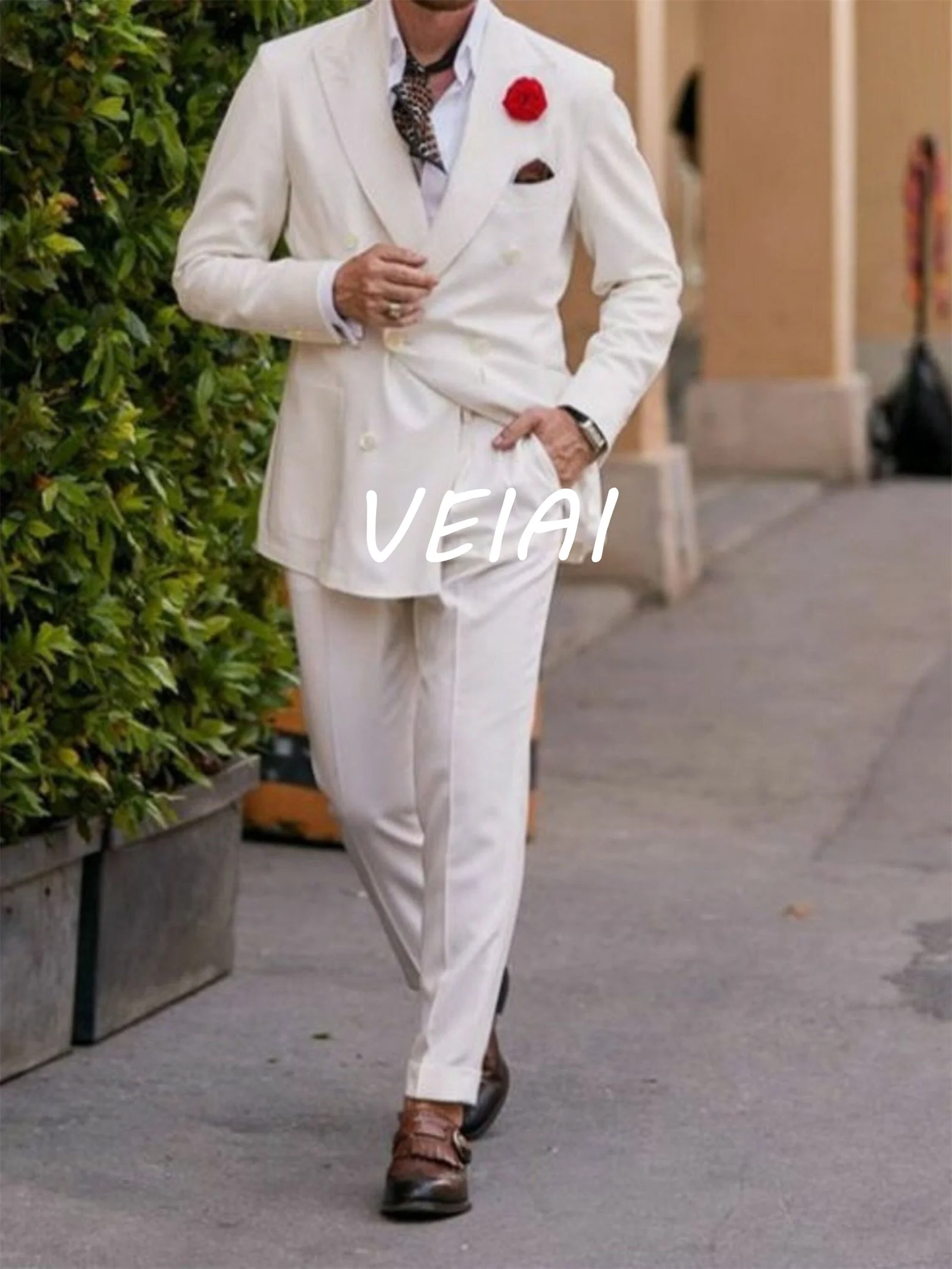 

Ivory White Double Breasted Men Suits For Wedding Prom Party Dinner Wear Popular Design Two Pieces Jacket+Pants Costume Homme