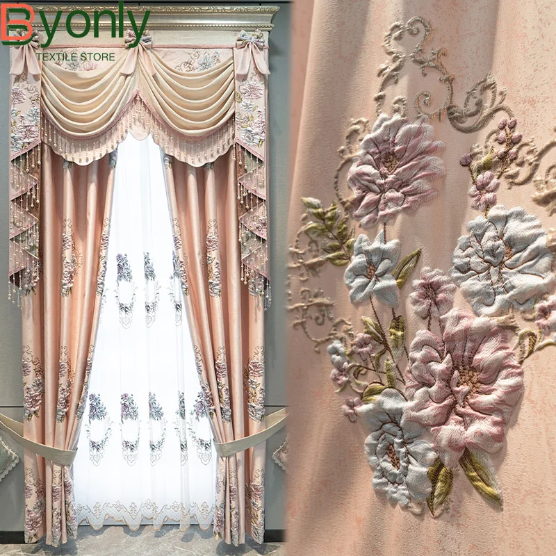 

Custom Pink Embroidered Window Screen Embossed Jacquard Curtains for Living Room Bedroom French Window Balcony Window Valance