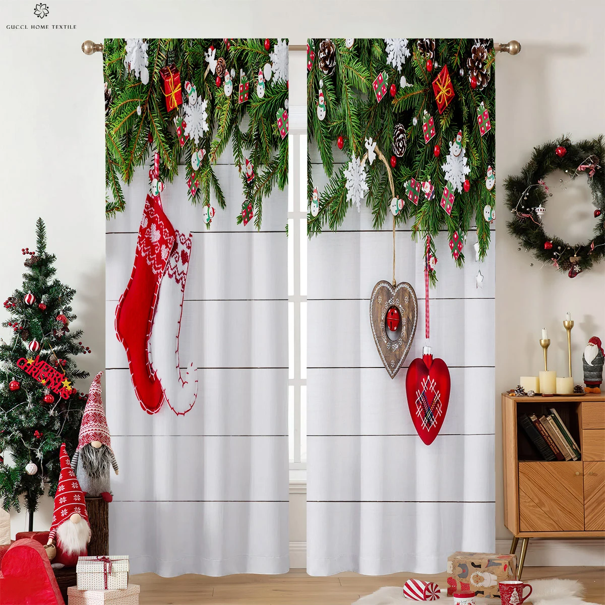 

Christmas Decoration Curtain Socks Christmas Tree Print Bedroom Dining Room Holiday Party Decoration Curtain 2 Pieces