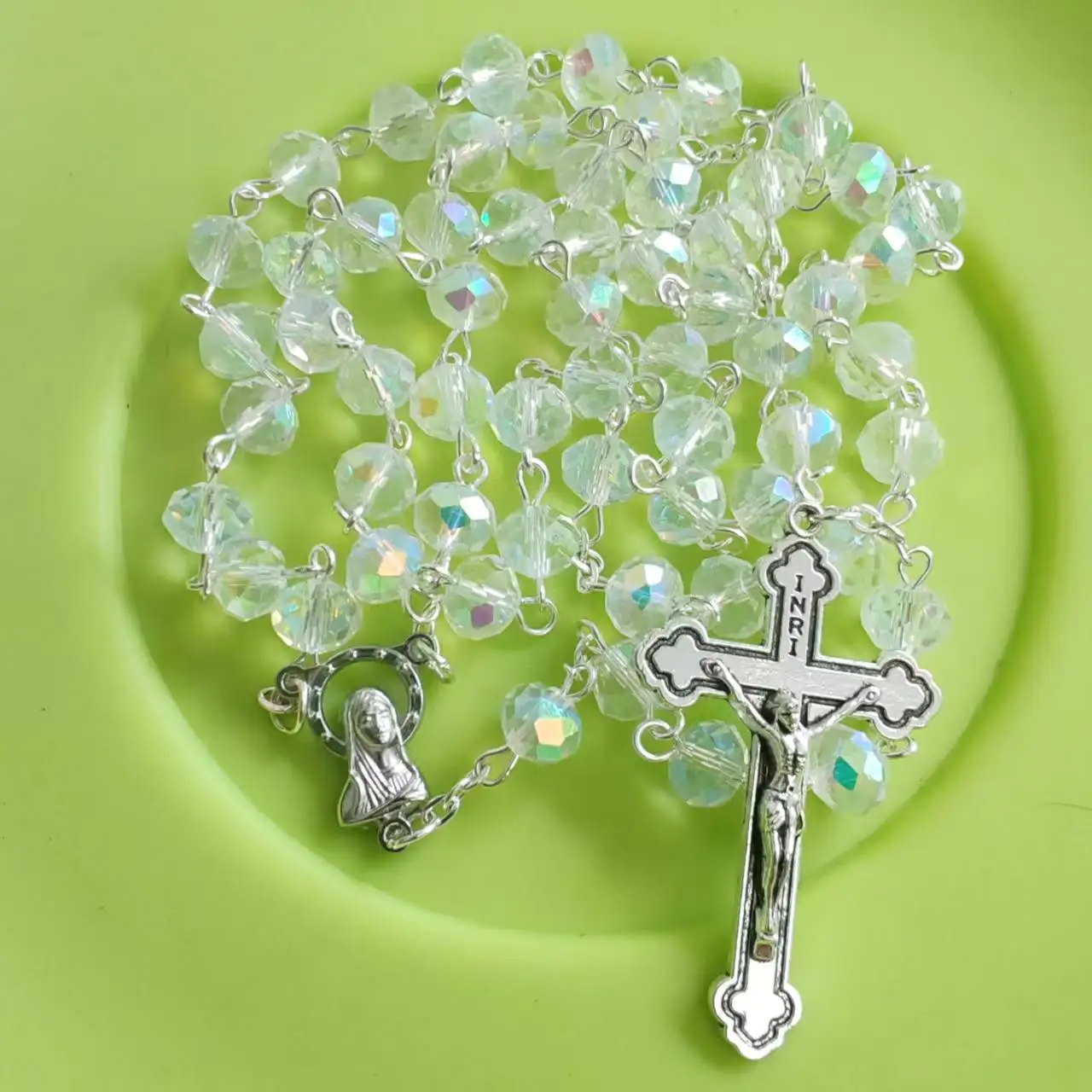 6*8mm AB plating facet crystal rosary necklace religious use Jesus cross rosary with virgin Mary center
