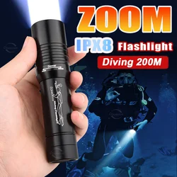 Zoom Diving 200M Underwater Flashlight Led Rechargeable Portable Professional Underwater Lantern IPX8 Waterproof Diving Lantern