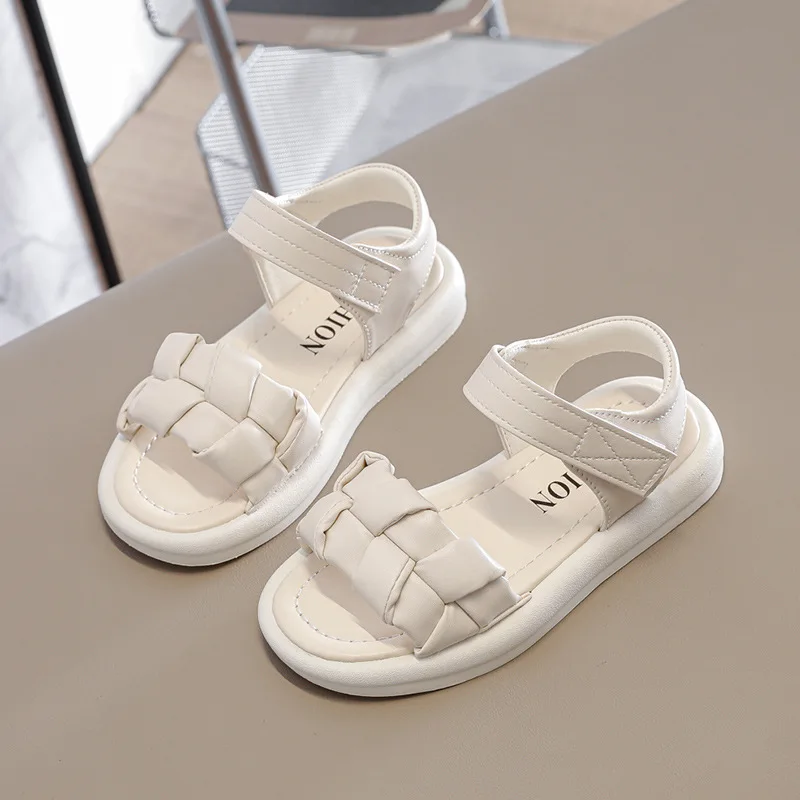 Girls Causal Sandals Summer Fashion Solid Color Kids Weave Style Open Toes Beach Shoes Sweet Princess Children Flats Shoes Hot