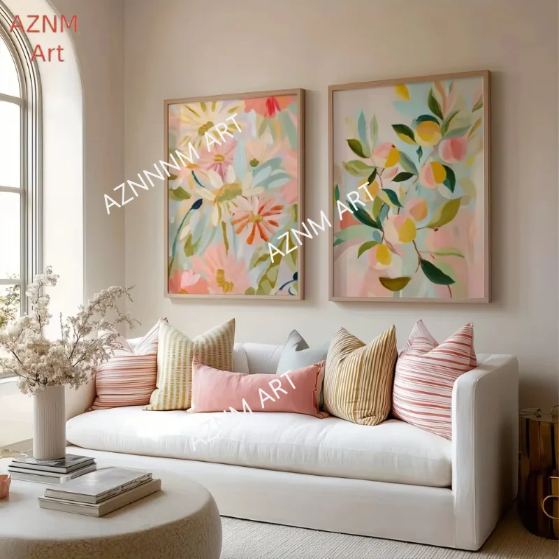 1/2 Stück Pfirsichpflanze und Wildblumen-Kunstposter, weiche Pastell-Wandkunst-Dekoration, böhmischer abstrakter Pflanzenkunststrauß für die Familie