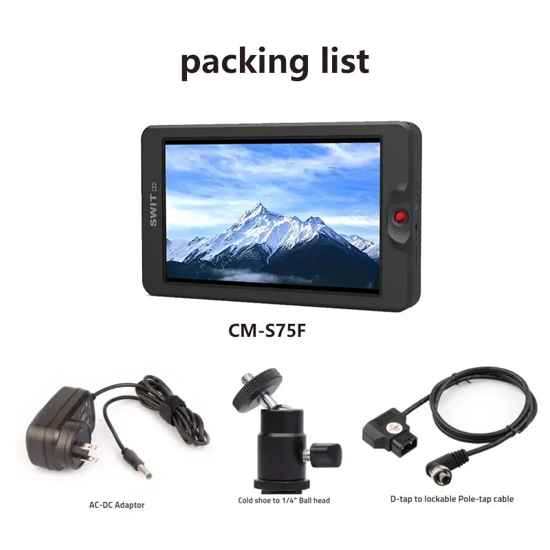 

SWIT CM-S75F 7-дюймовый 3000-трит сверхяркий ЖК-монитор HDR 3G-SDI и вход/выход 4K-HDMI Встроенный De-log 3DLUT