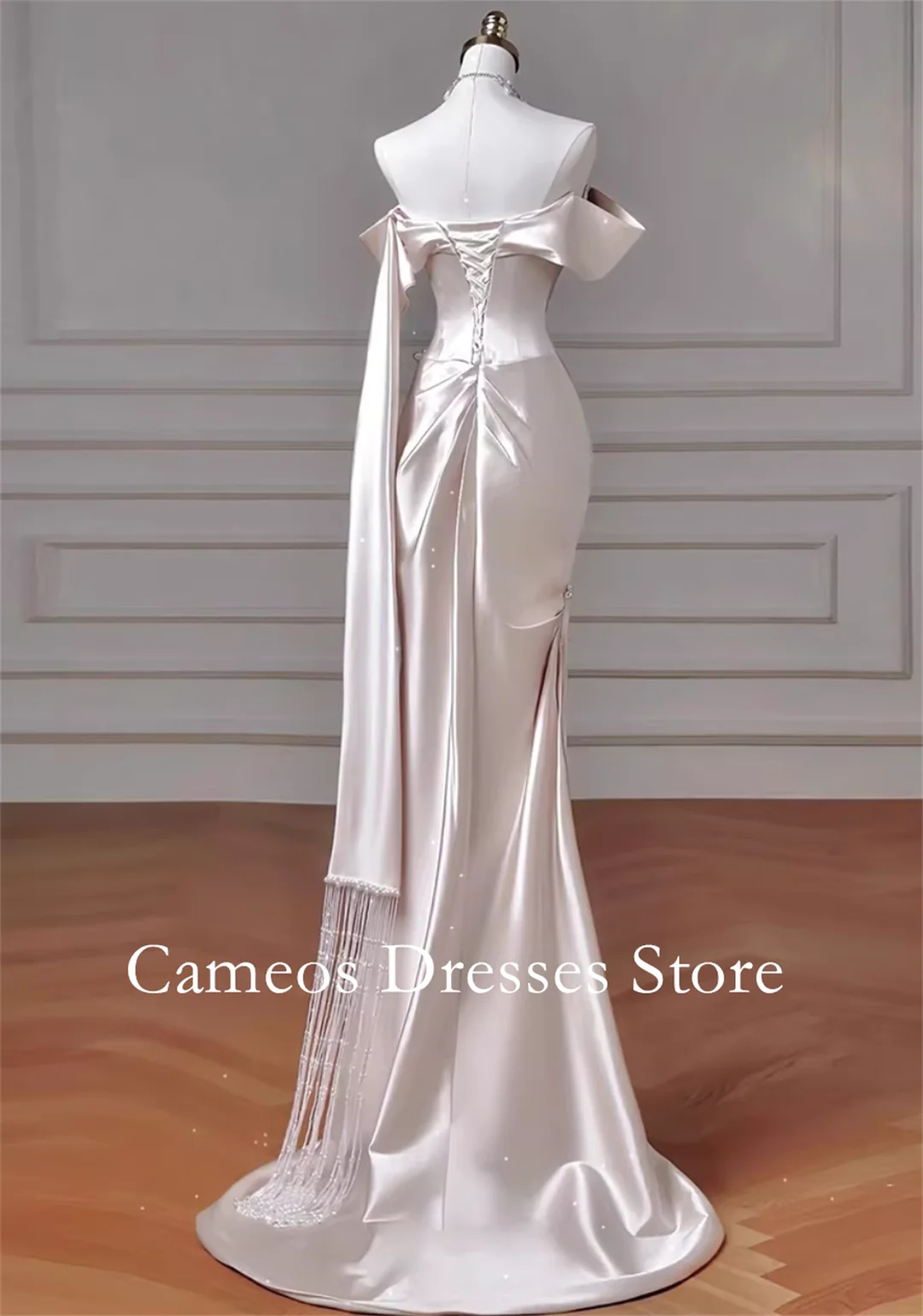 SONDR Customized Off Shoulder Champagne Ruched Wedding Dresses Silk Satin Sweep Train Brides Gowns Women Bridal Dresses