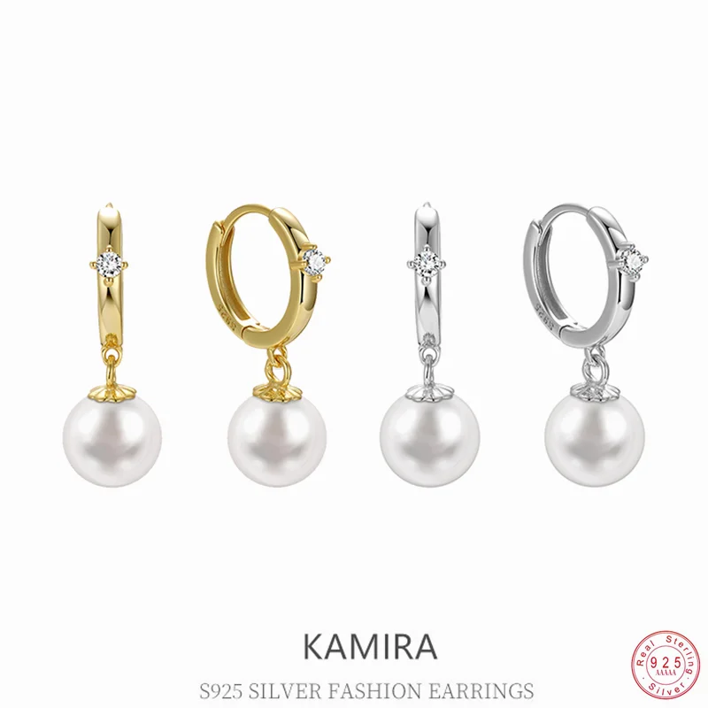KAMIRA 925 Sterling Silver Charm Luxury Pearl Baroque Dangle Earrings for Women Wedding Banquet Zircon Hug Hoop Delicate Jewelry