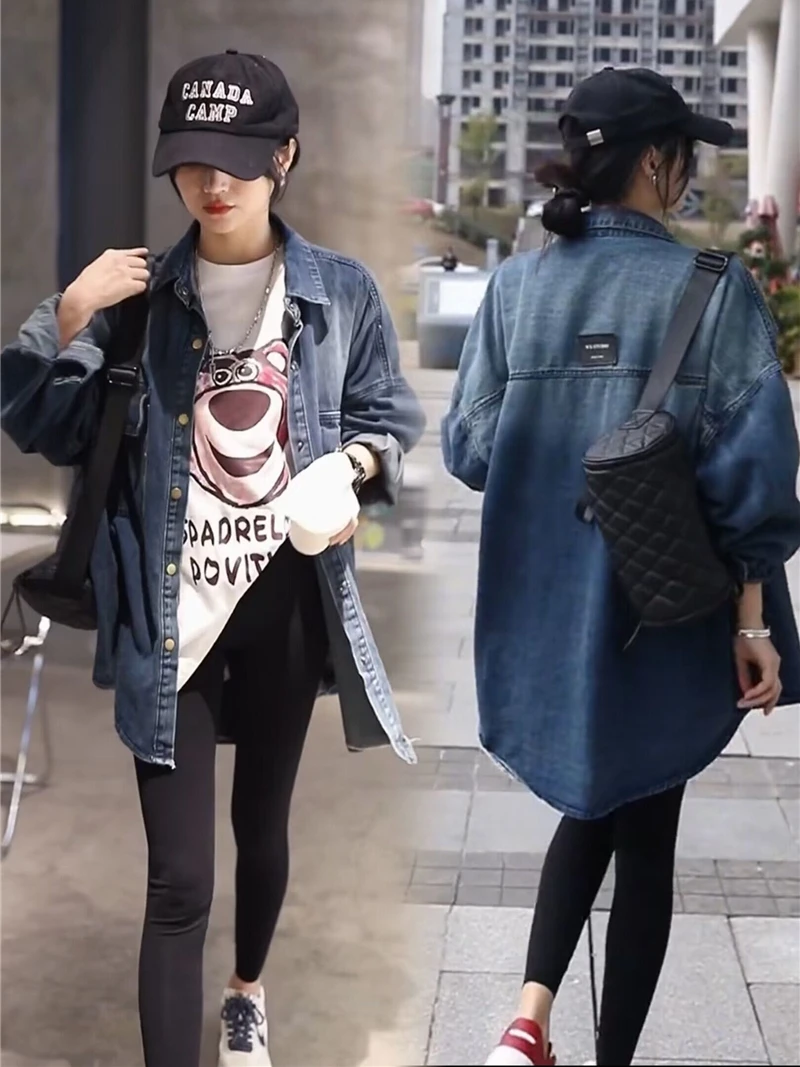 

Retro American Sle adient Denim irt Jaet Women's Spring Lazy Sle Mid-Length irt Trendy Top Loose Fit Cotton 00%