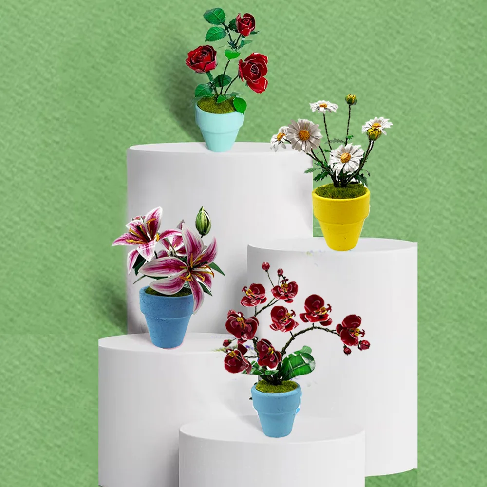 3D Metal Flower Plant Model Building Kit with Pot DIY Assembly Craft Creative Iron Flower Rose Lily Home Office Desk Decor Adult