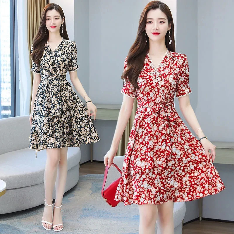 

Floral Print Chiffon Dress V-Neck Short Sleeve Fashionable Summer New Style Korean Style A-Line Skirt Slimming Maxi Dress