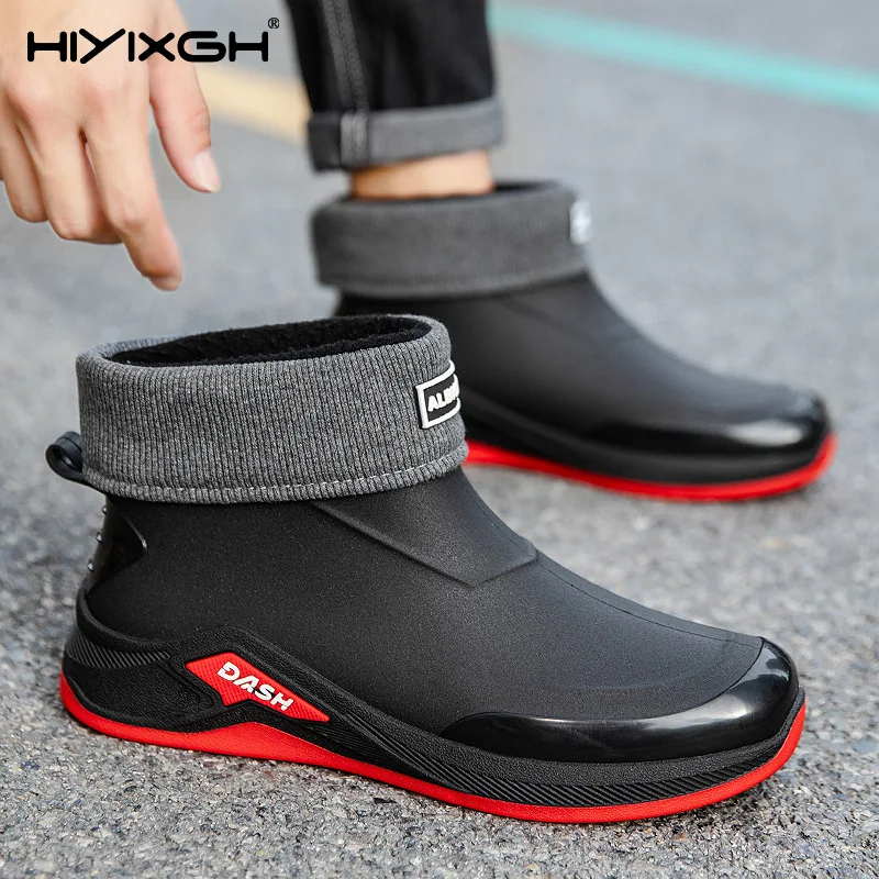 Rain shoes men's new bunched mouth rainproof waterproof shoes short tube fashion rain boots padded cotton work shoes