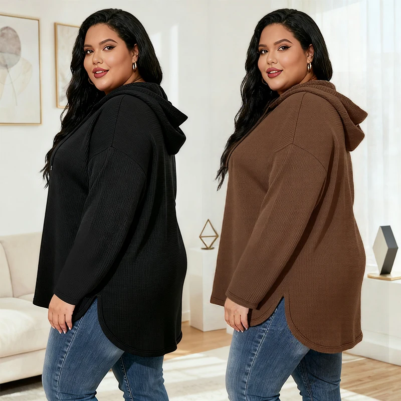[مقاس كبير] سترة نسائية ذات قلنسوة بلون سادة مقاس كبير، بلوفر كبير الحجم للخريف، تصميم مريح بلون موحد