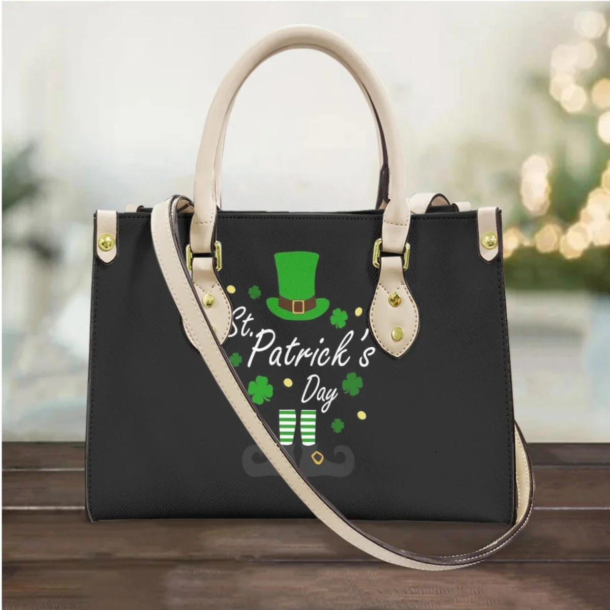 St.Patrick's Day Black Women Handbags Luxury Leather Ladies Cross Body Bags Lucky Shamrock Irish Day Tote Shoulder Bag for Girl