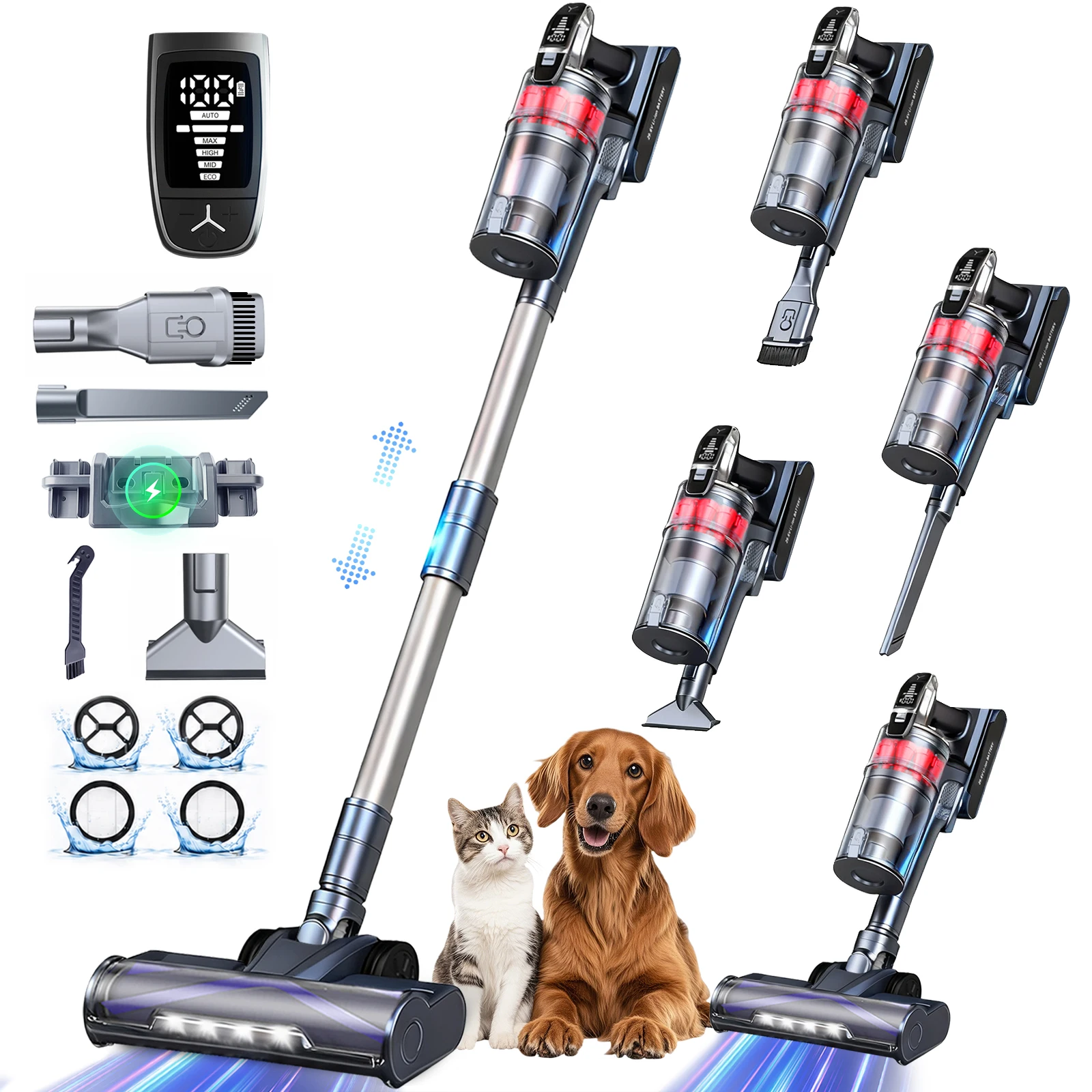 Cordless Vacuum Cleaner 85000Pa 80Min Runtime with Auto Sensor Stick Vacuum 1.8L Dust Bin 5 Suction Levels Anti Tangle Self-Standing Detachable Battery Led Nozzle Bagless for Home Carpet Hard Floor
